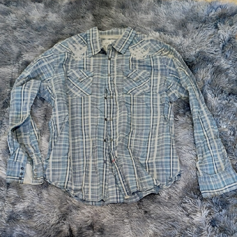 Guess Light Blue Plaid Casual Shirt